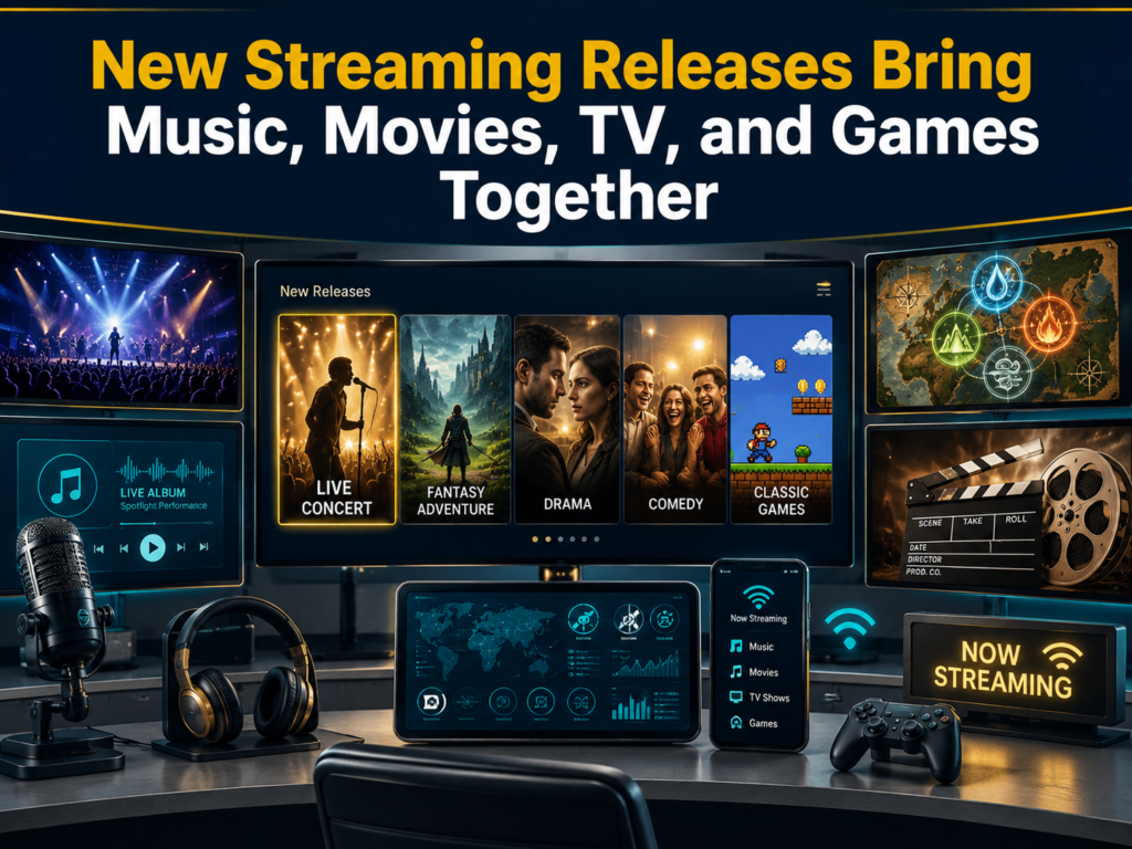 New streaming releases shown through music, movies, TV, and games on digital screens in a professional entertainment media banner.