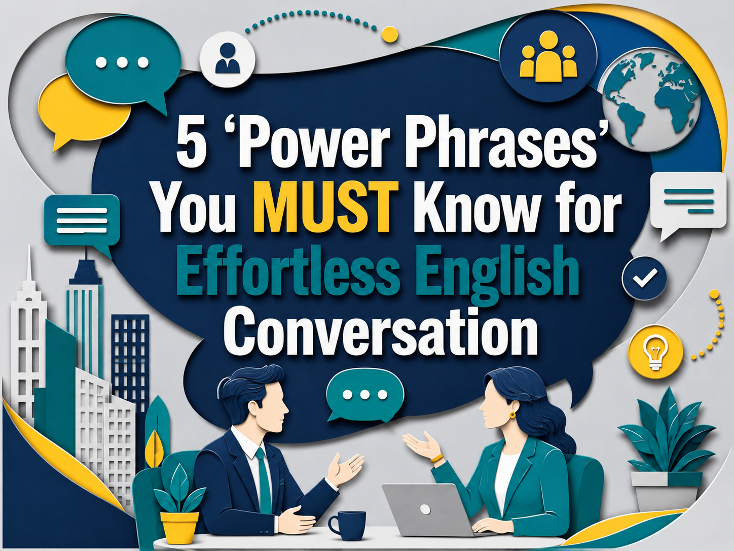 3D paper cut banner showing professionals using power phrases for English conversation to communicate confidently in a business setting.