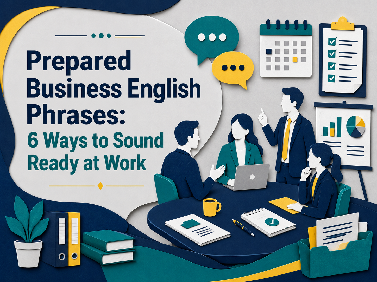 Prepared business English phrases banner showing a 3D paper cut business meeting scene with professionals, speech bubbles, checklist, calendar, and presentation charts.