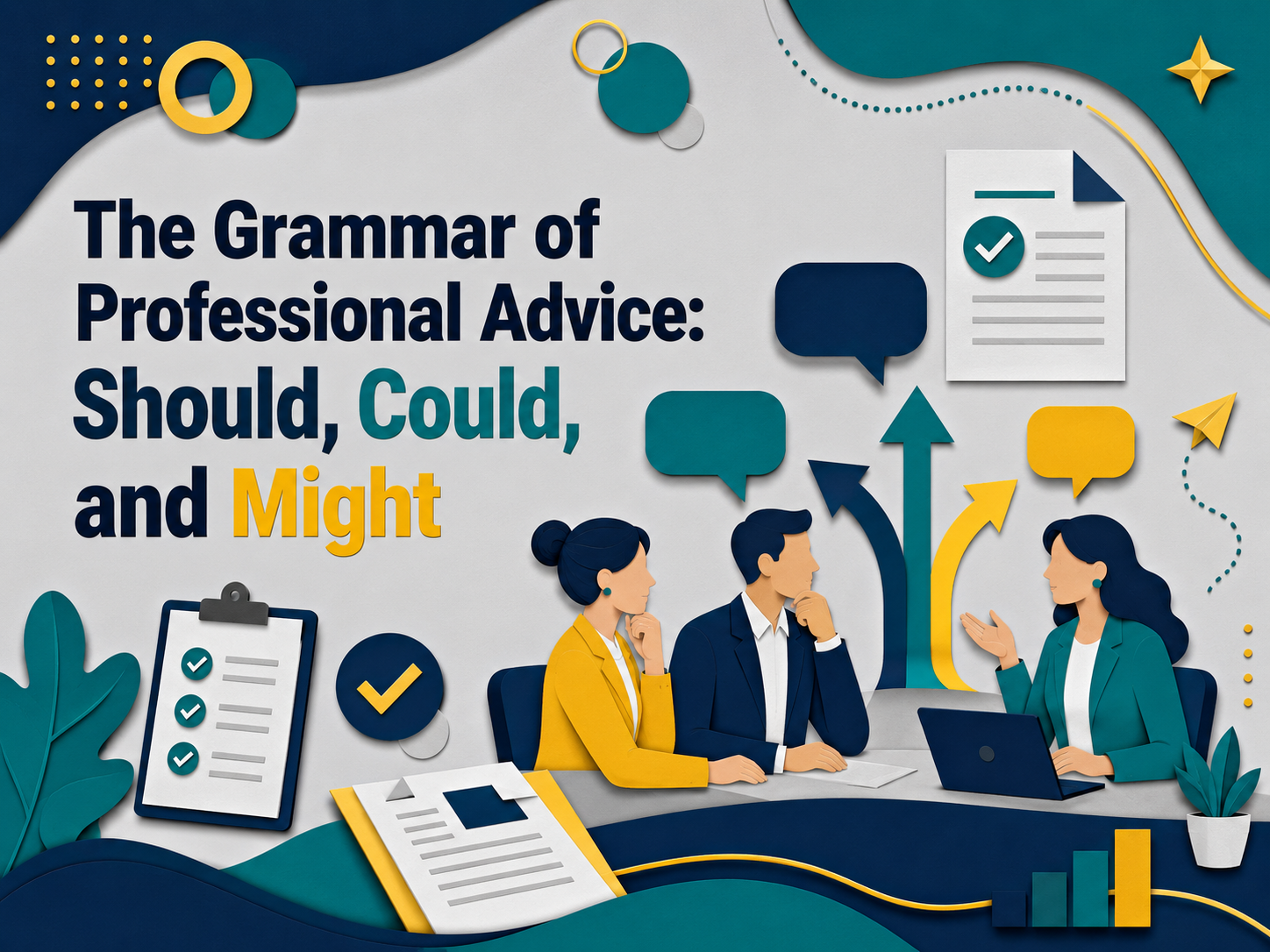 3D paper cut banner showing professional advice grammar with should, could, and might in a business meeting scene using navy, gold, teal, and gray brand colors.