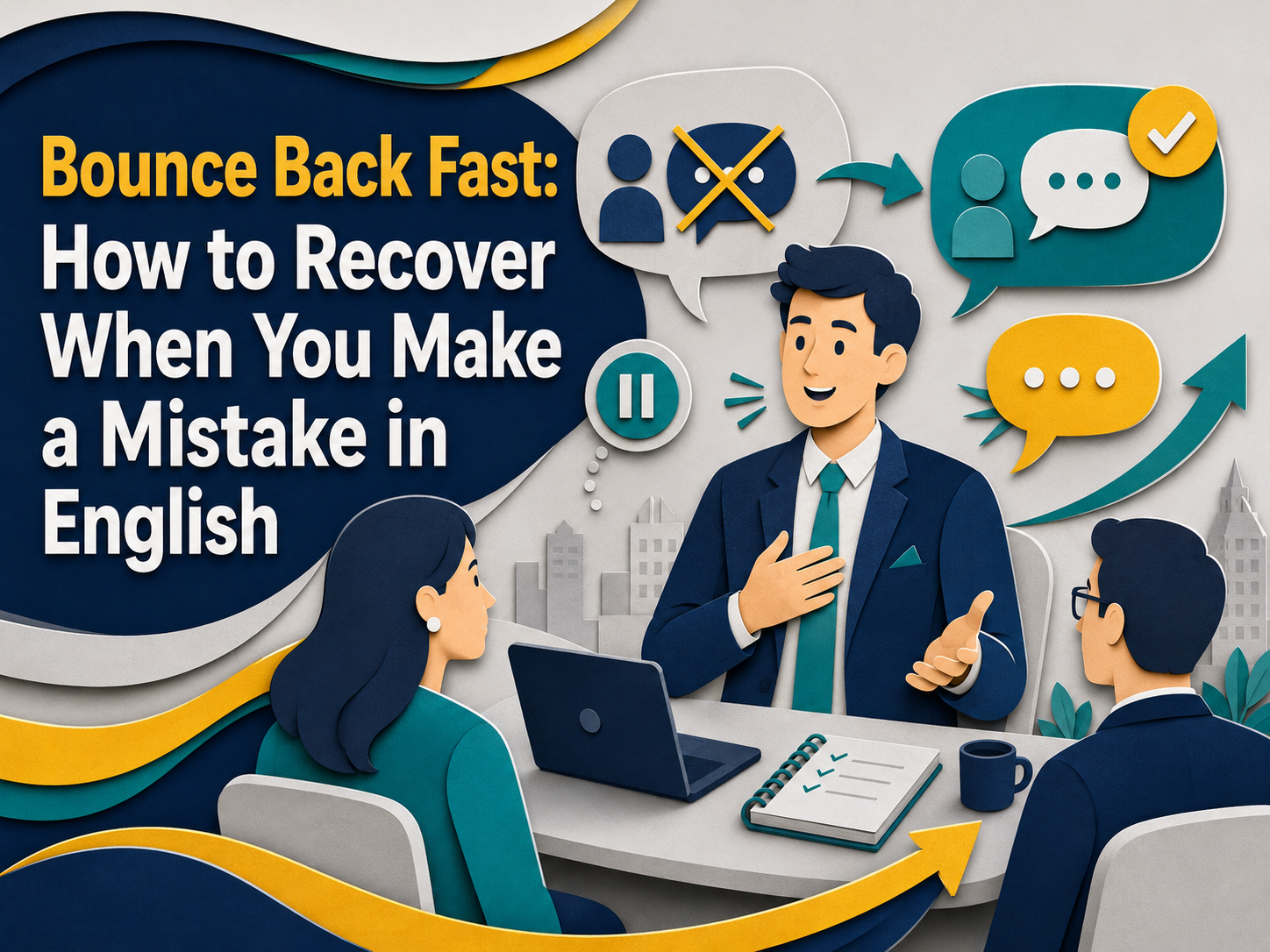 Business English learners practice how to recover from English mistakes in a professional meeting using calm correction phrases and confident communication.