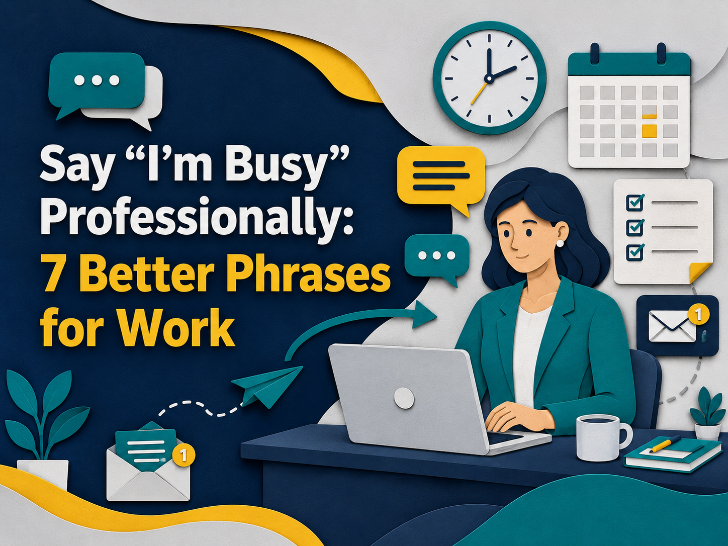 3D paper cut style banner for the article say I’m busy professionally, showing a busy professional at a desk with a laptop, calendar, clock, checklist, speech bubbles, and the title “Say ‘I’m Busy’ Professionally: 7 Better Phrases for Work” in navy, gold, teal, and light gray brand colors.