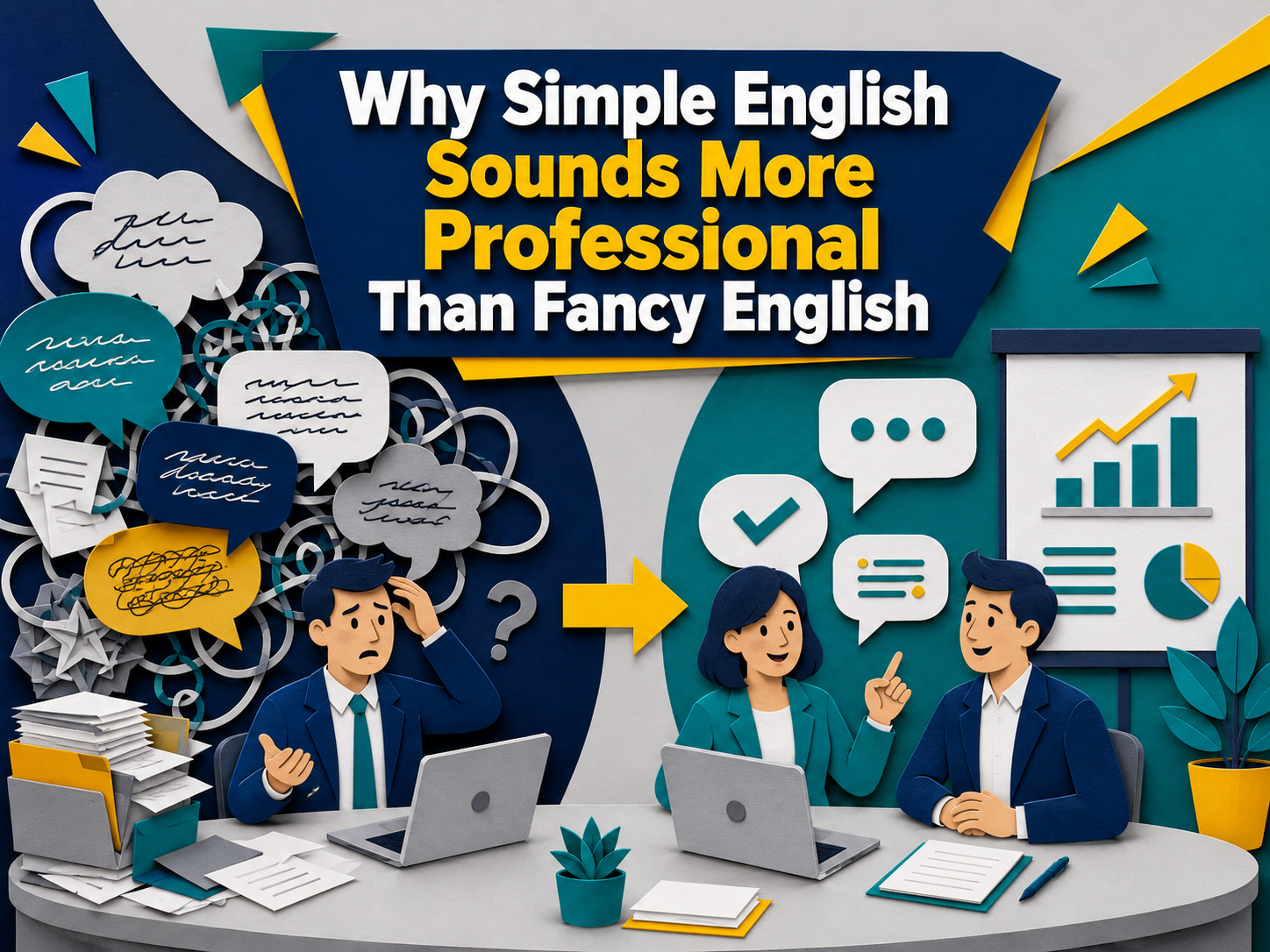 3D paper cut banner showing simple English sounds professional, with confused business communication on one side and clear workplace conversation on the other.