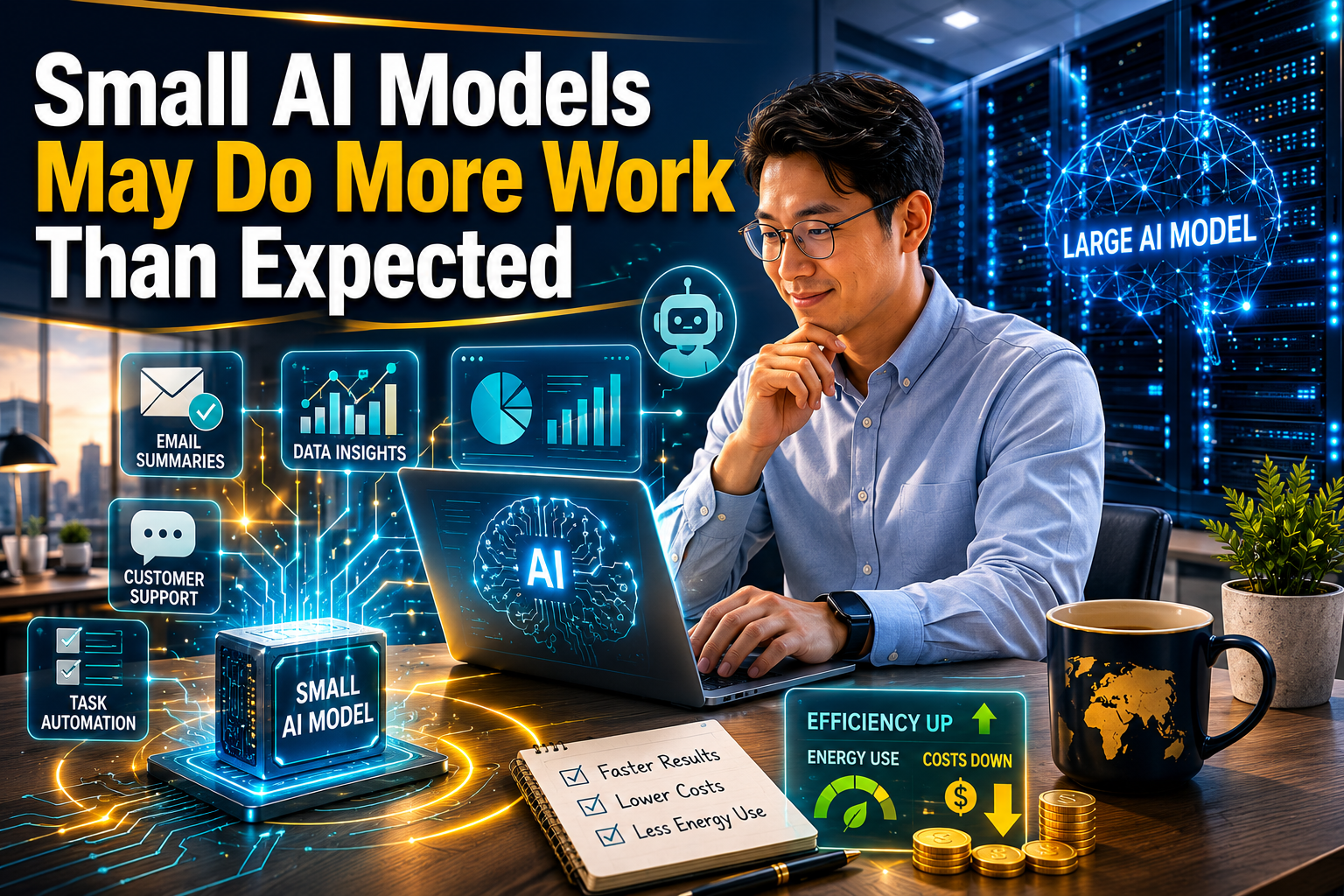 Small language models handling business tasks efficiently with compact AI tools, lower energy use, and workplace automation visuals.