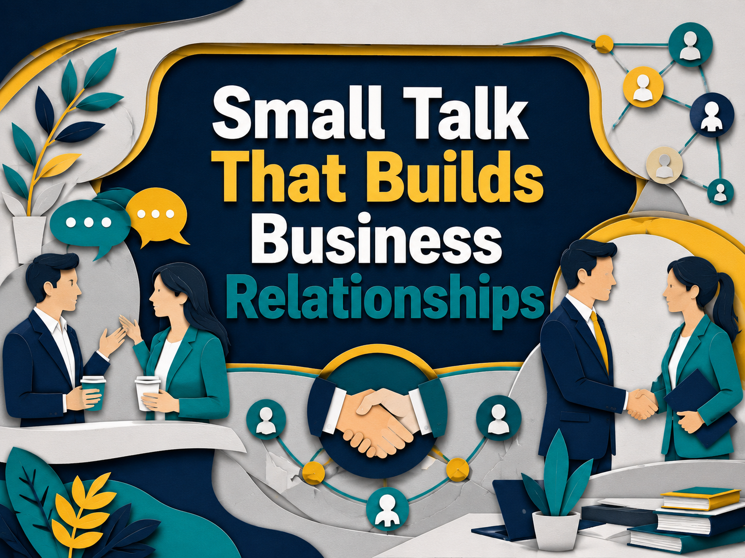 3D paper cut banner showing professionals having small talk, networking, and shaking hands to illustrate how small talk builds business relationships.