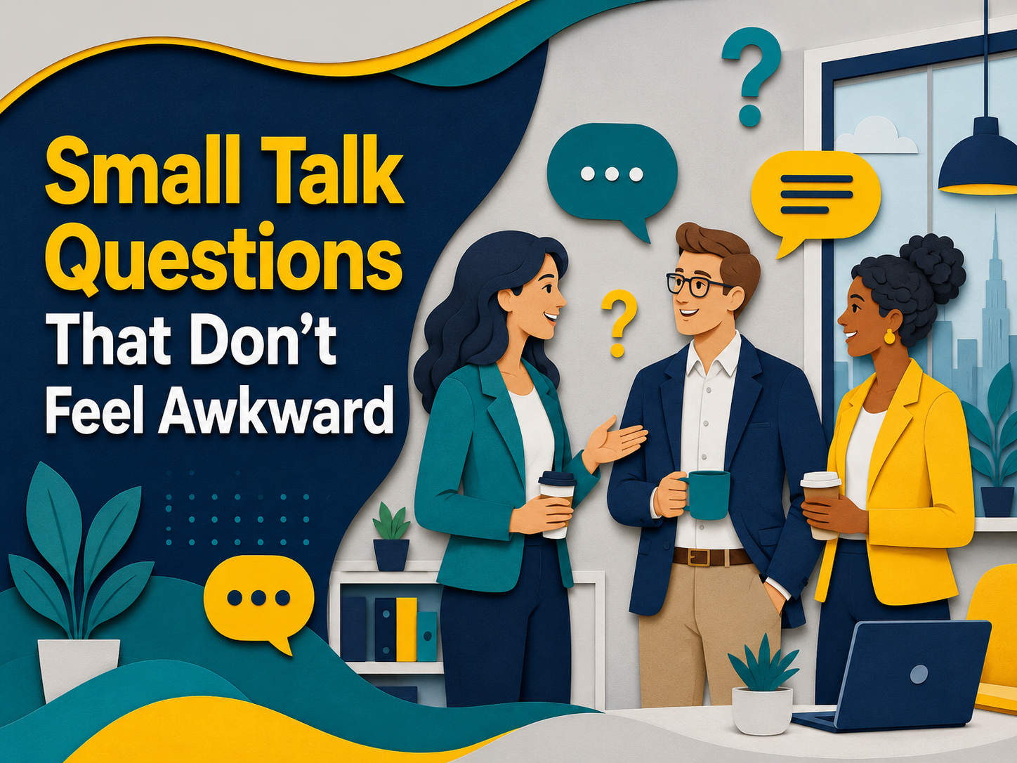 3D paper cut banner showing professionals using small talk questions in a friendly office conversation, with the title “Small Talk Questions That Don’t Feel Awkward.”
