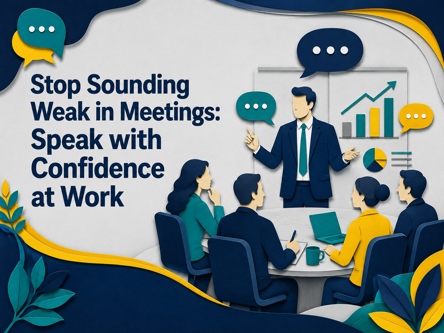 3D paper cut banner showing professionals learning to stop sounding weak in meetings and speak with confidence at work.