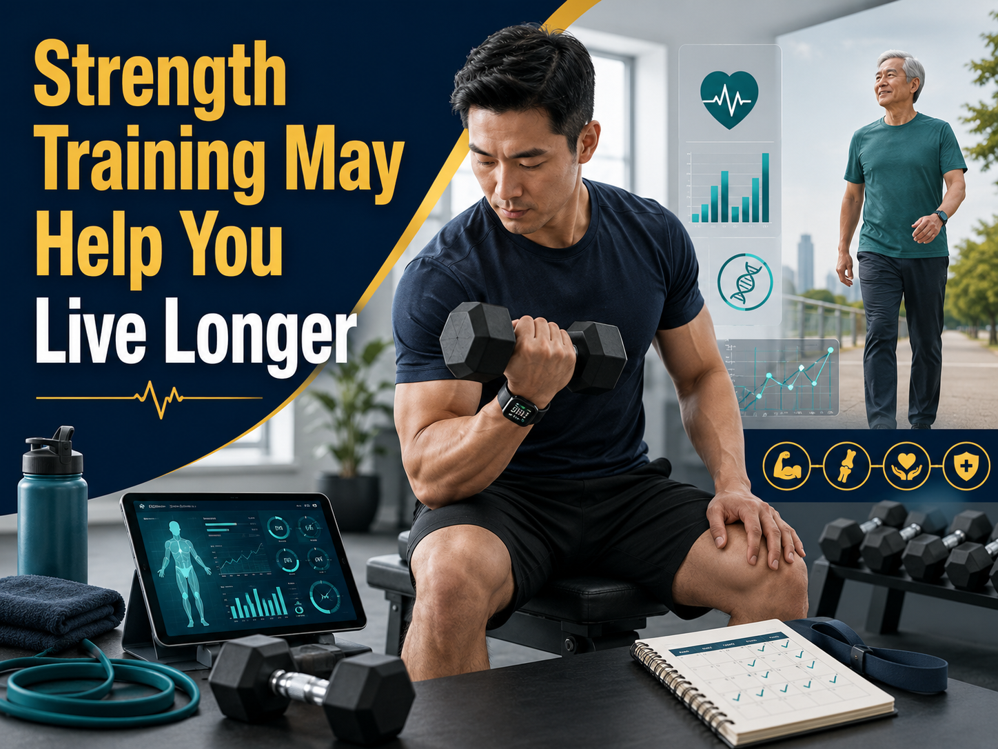 Strength training longevity banner showing a professional doing moderate resistance training with health research and wellness visuals.