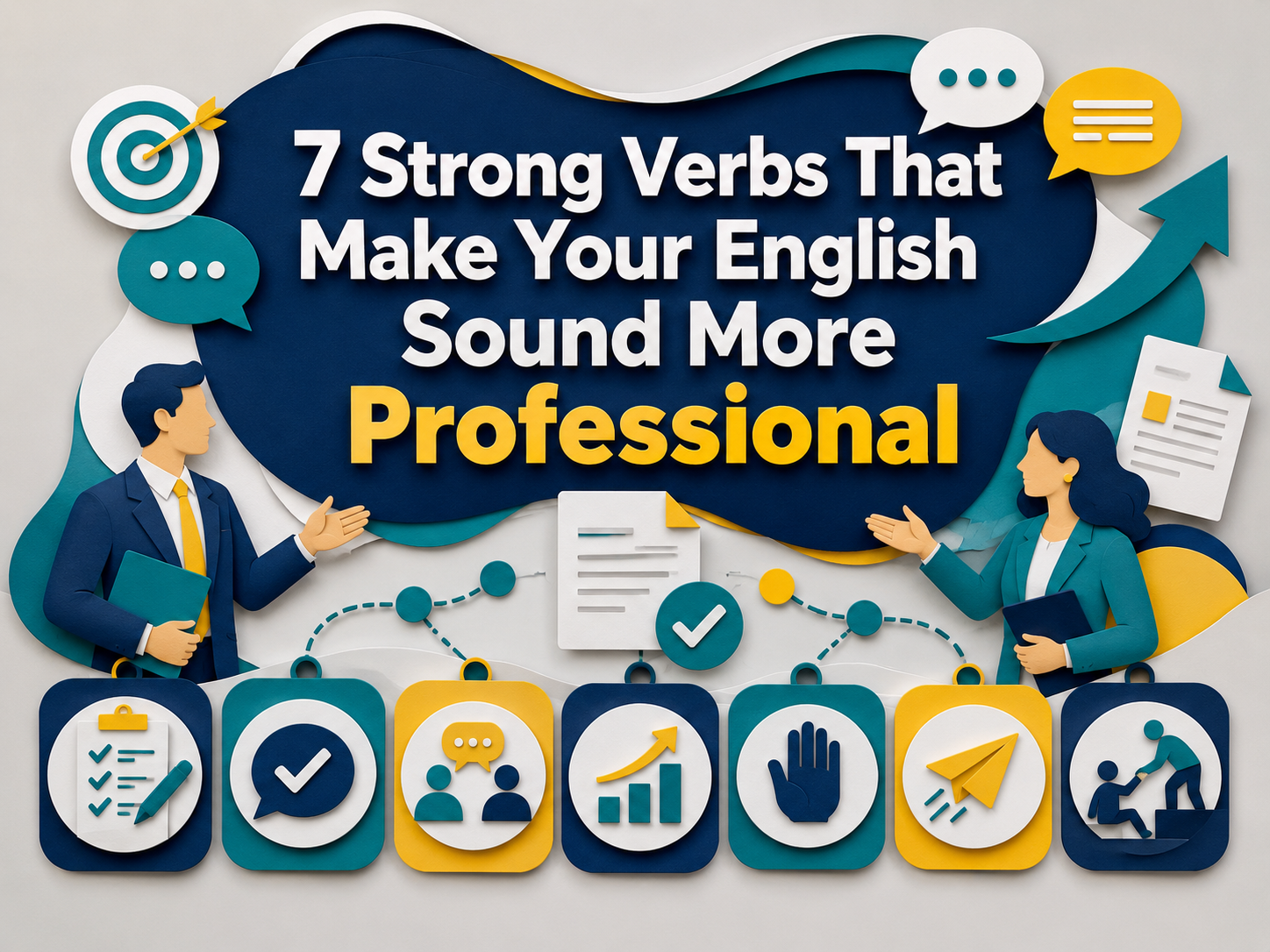 3D paper cut banner showing strong verbs for professional English with business communication icons, confident professionals, speech bubbles, check marks, and growth symbols.