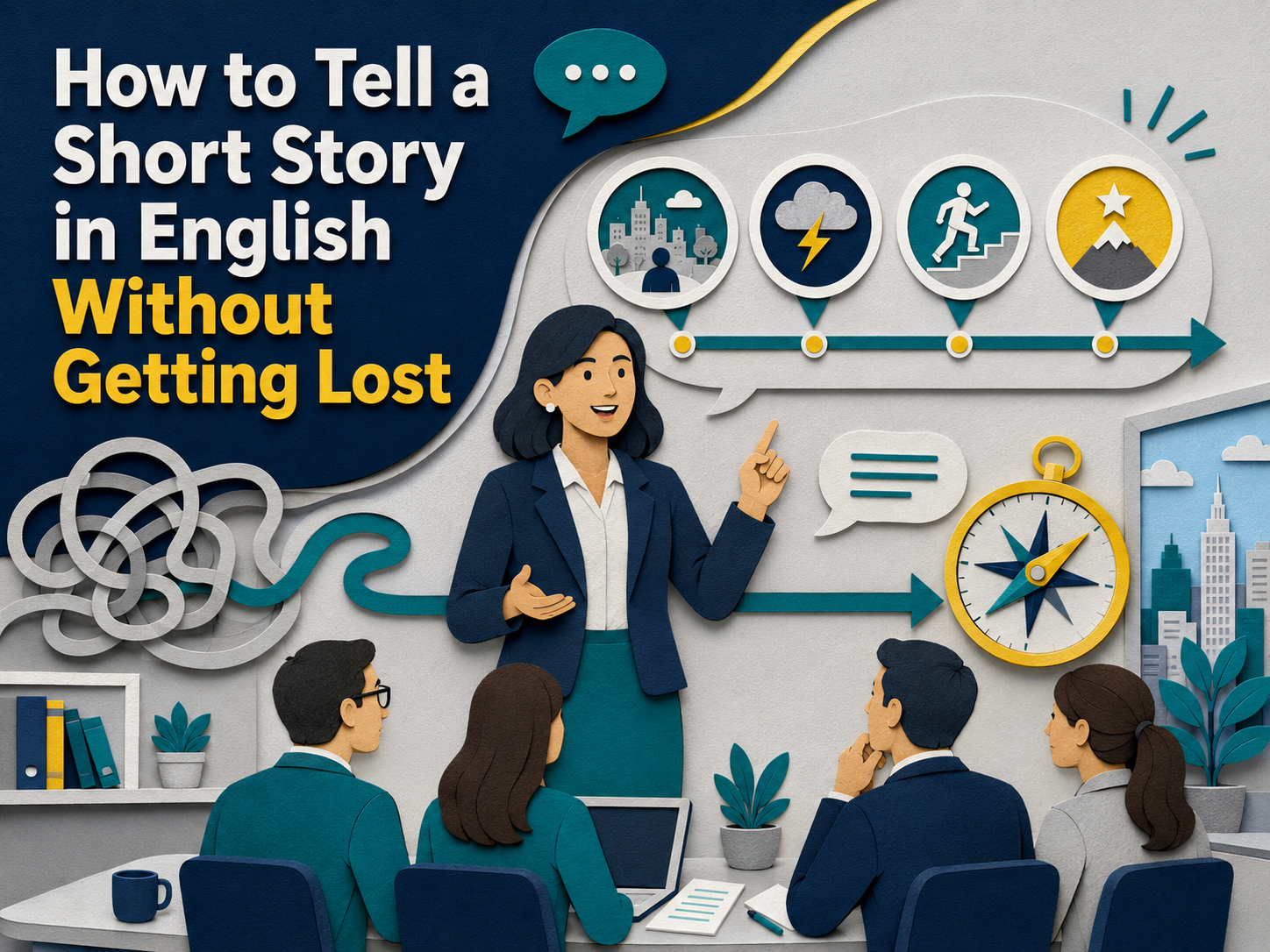 3D paper cut banner showing a professional telling a short story in English using a clear step-by-step path from confusion to clarity.