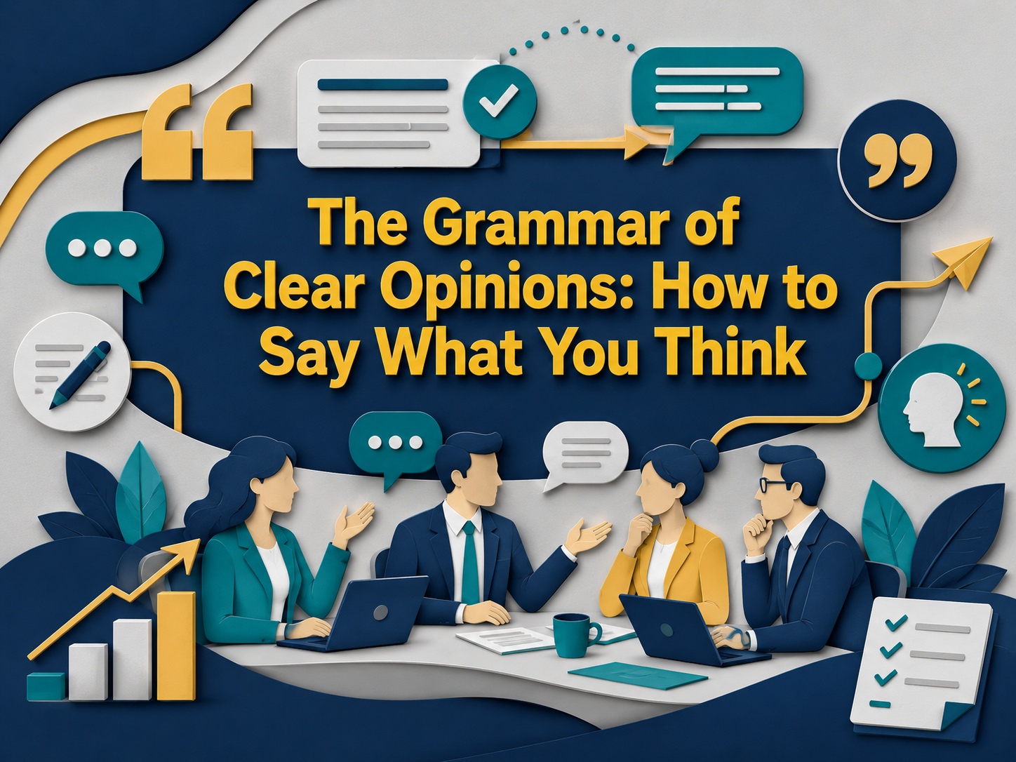 3D paper cut banner showing professionals discussing ideas with speech bubbles and grammar symbols, illustrating the grammar of clear opinions in business English.