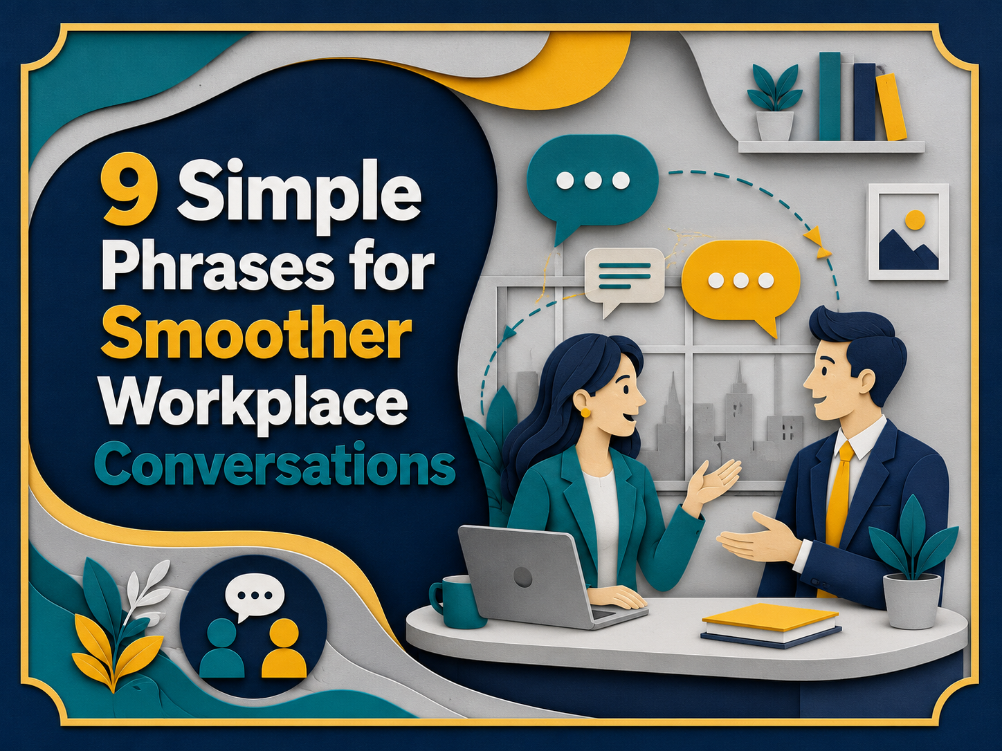 3D paper cut banner showing workplace conversation phrases with two professionals talking in an office, using speech bubbles and All About English Mastery brand colors.