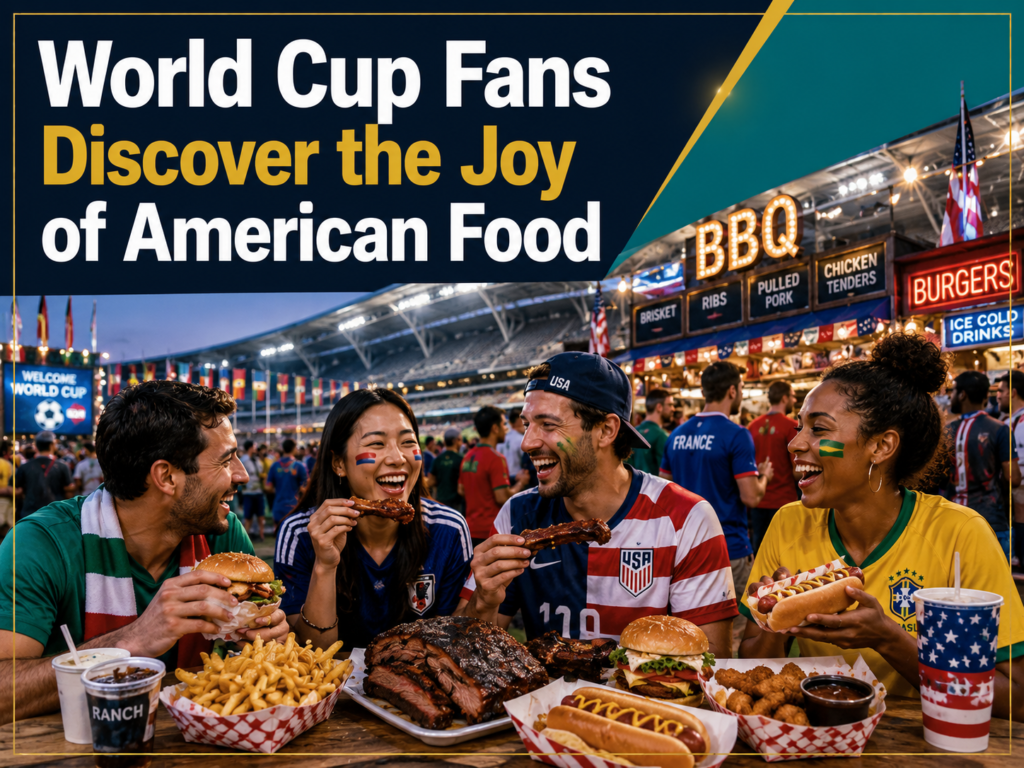 American food World Cup fans enjoy barbecue, burgers, ranch dressing, and regional U.S. favorites near a soccer stadium.