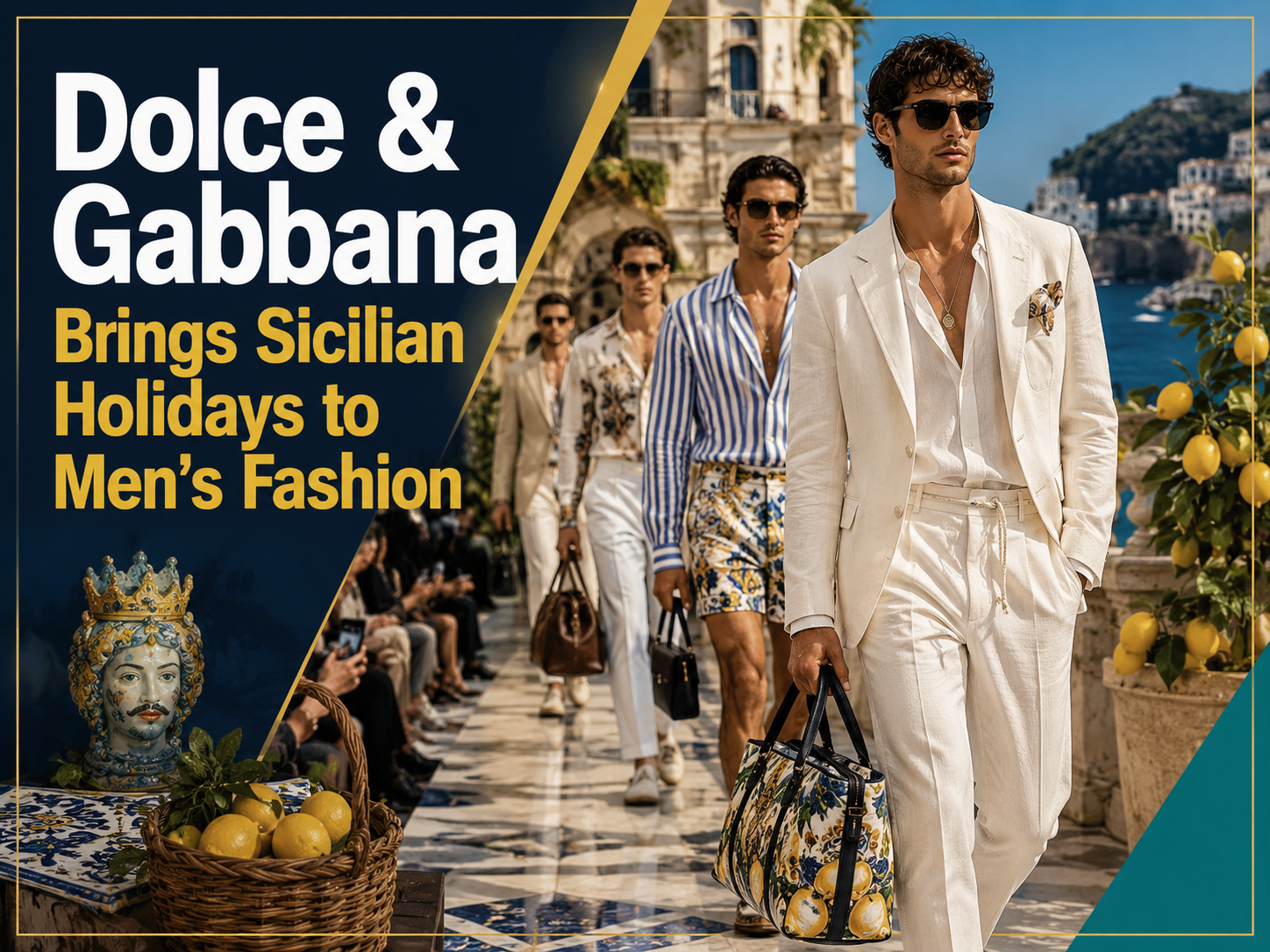 Dolce & Gabbana runway inspired by the Sicilian Holidays collection with summer menswear, luxury bags, and Mediterranean fashion details.