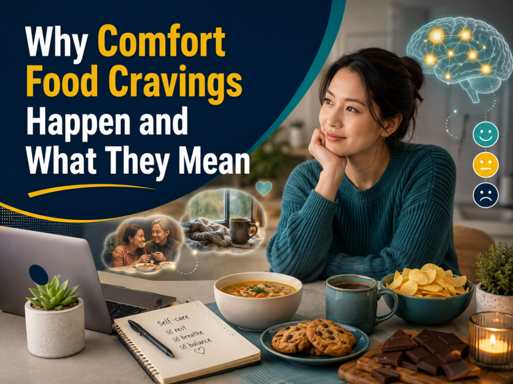 Comfort food cravings shown through a calm wellness scene with snacks, soup, mood icons, and stress-related food choices.