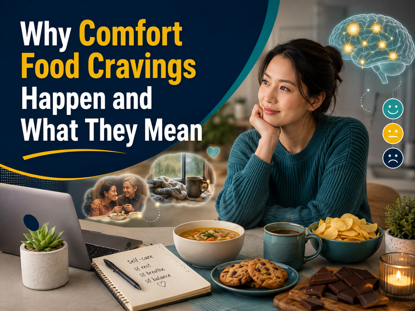Comfort food cravings shown through a calm wellness scene with snacks, soup, mood icons, and stress-related food choices.