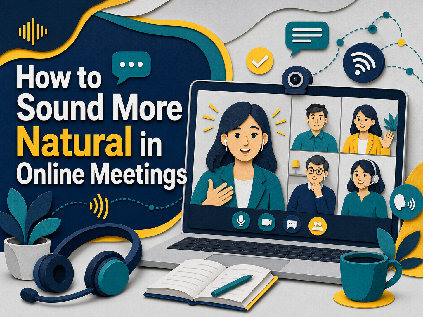 3D paper cut banner showing professionals in an online meeting with camera, headset, and chat icons, helping learners sound more natural in online meetings.